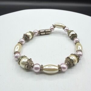 Vintage Faux Pearl Beaded Bracelet Pink Ivory Pearls Silver Tone Magnetic Clasp